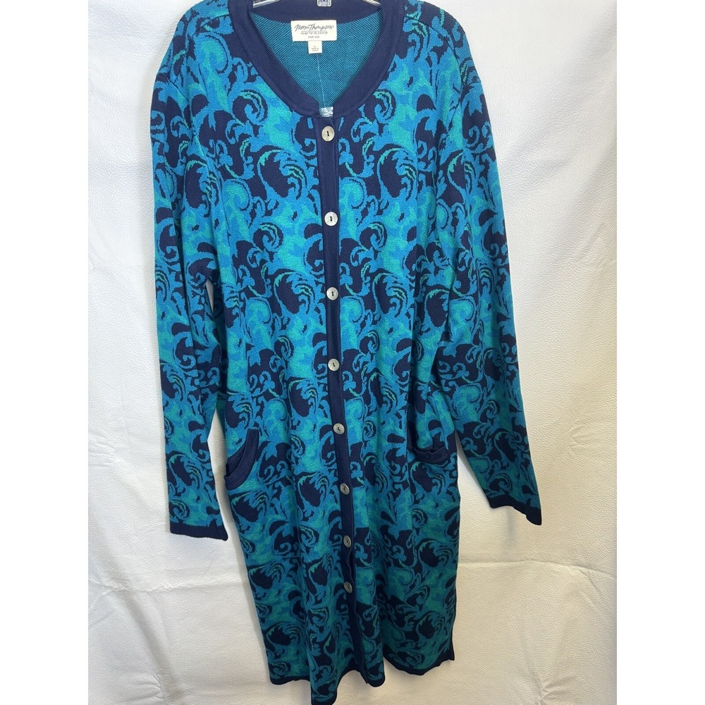 Norm Thompson Long Cardigan Knit Duster Teal Blue Swirl Print Sz L Knee Length